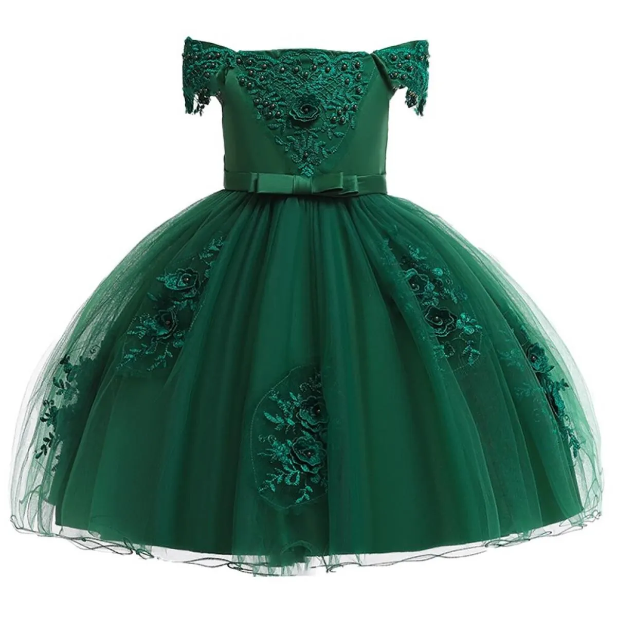 Abito da ragazza di fiore principessa elegante in pizzo per la festa di compleanno di nozze che borda i vestiti per bambini per