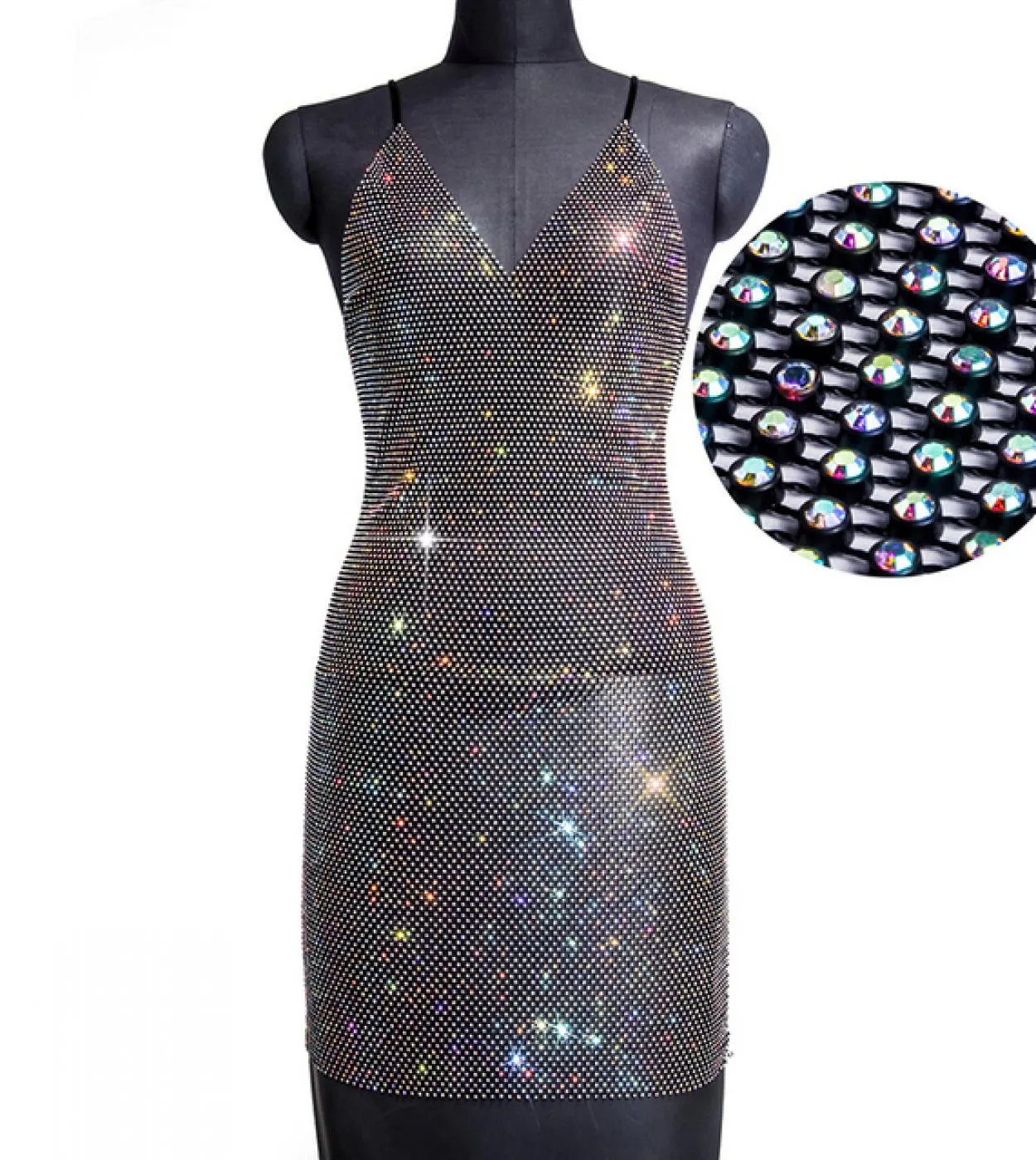 Abito in cristallo lucido scava fuori il mini abito da donna sottile con strass a rete senza schienale e scollo a V senza manich