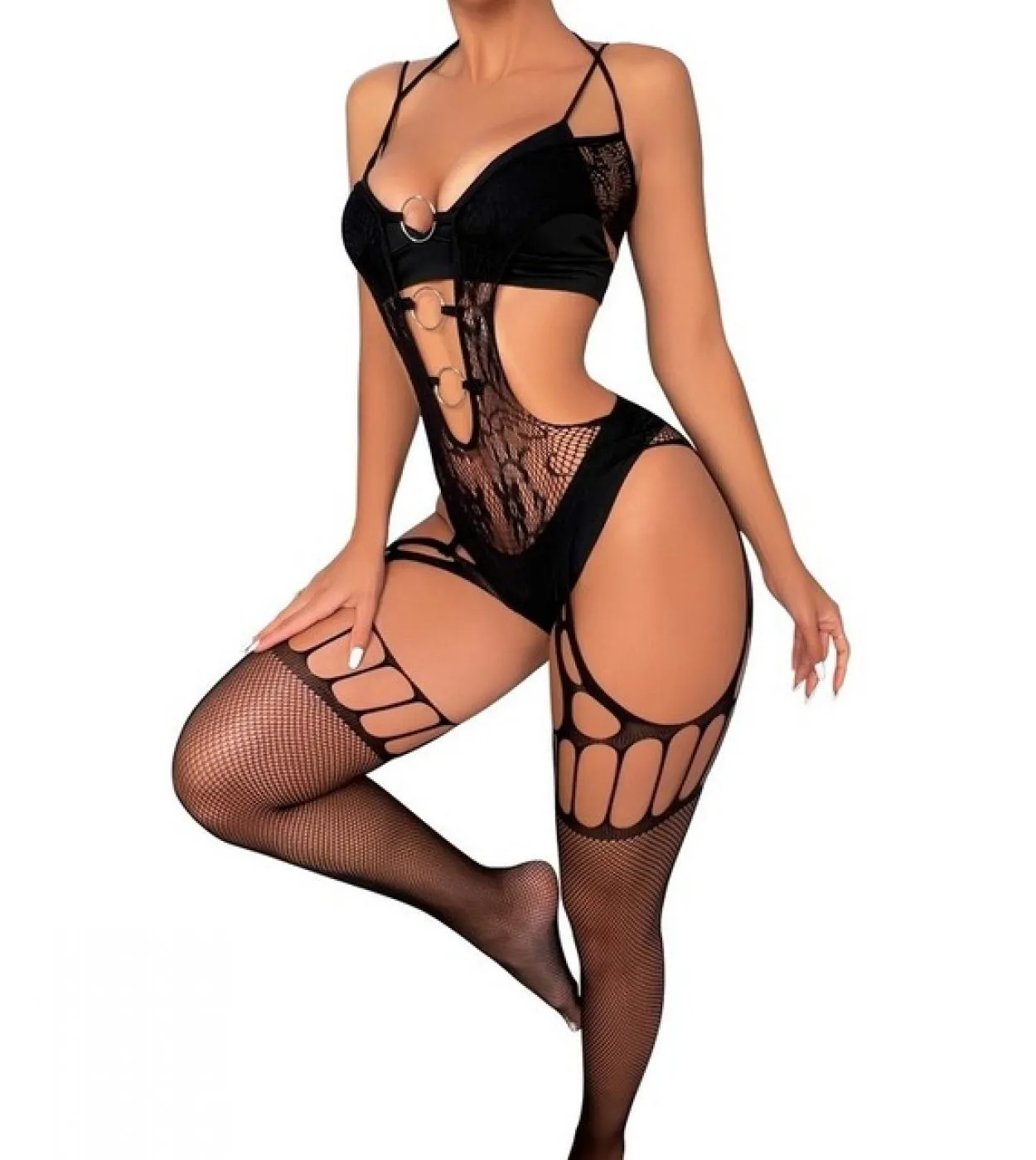 Bodystockings neri Donna Fishnet con apertura sul cavallo Catsuit Collant a rete Lingerie Body Sleepwear Tuta Orsacchiotti Orsac
