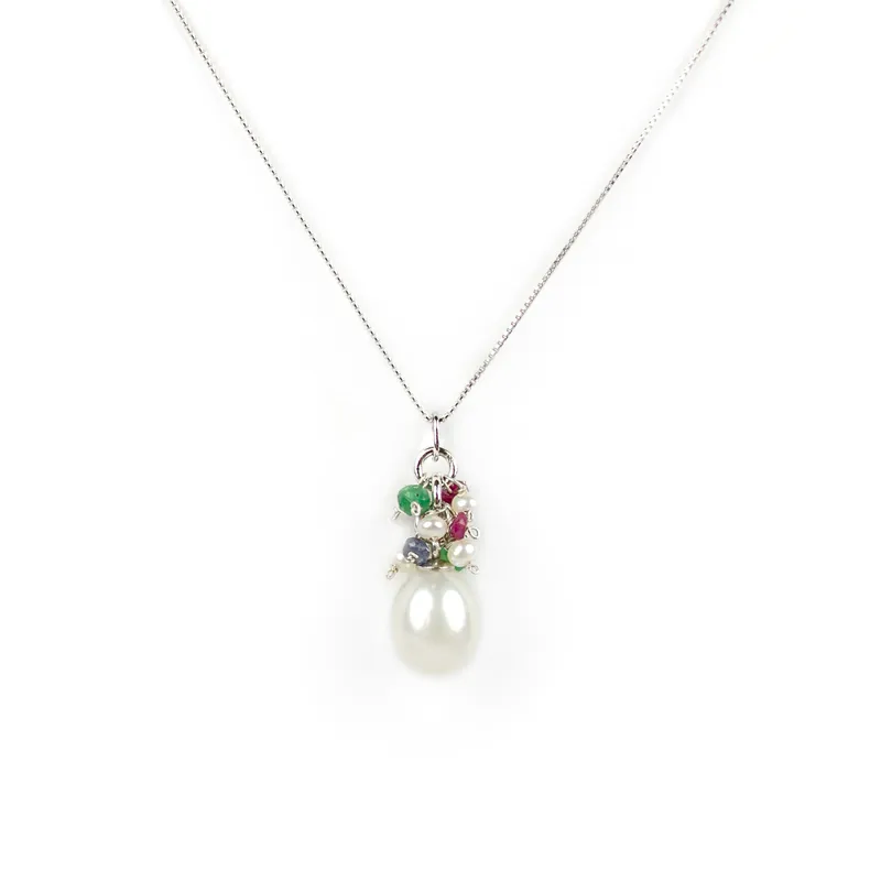 Collana oro bianco con ciondolo perla a goccia e pietre colorate