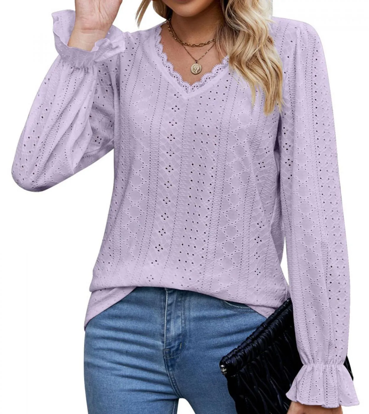 Moda elegante autunno manica lunga camicette donna casual scollo a V scava fuori pizzo maglietta Top donna 2022 Blusas vestiti d