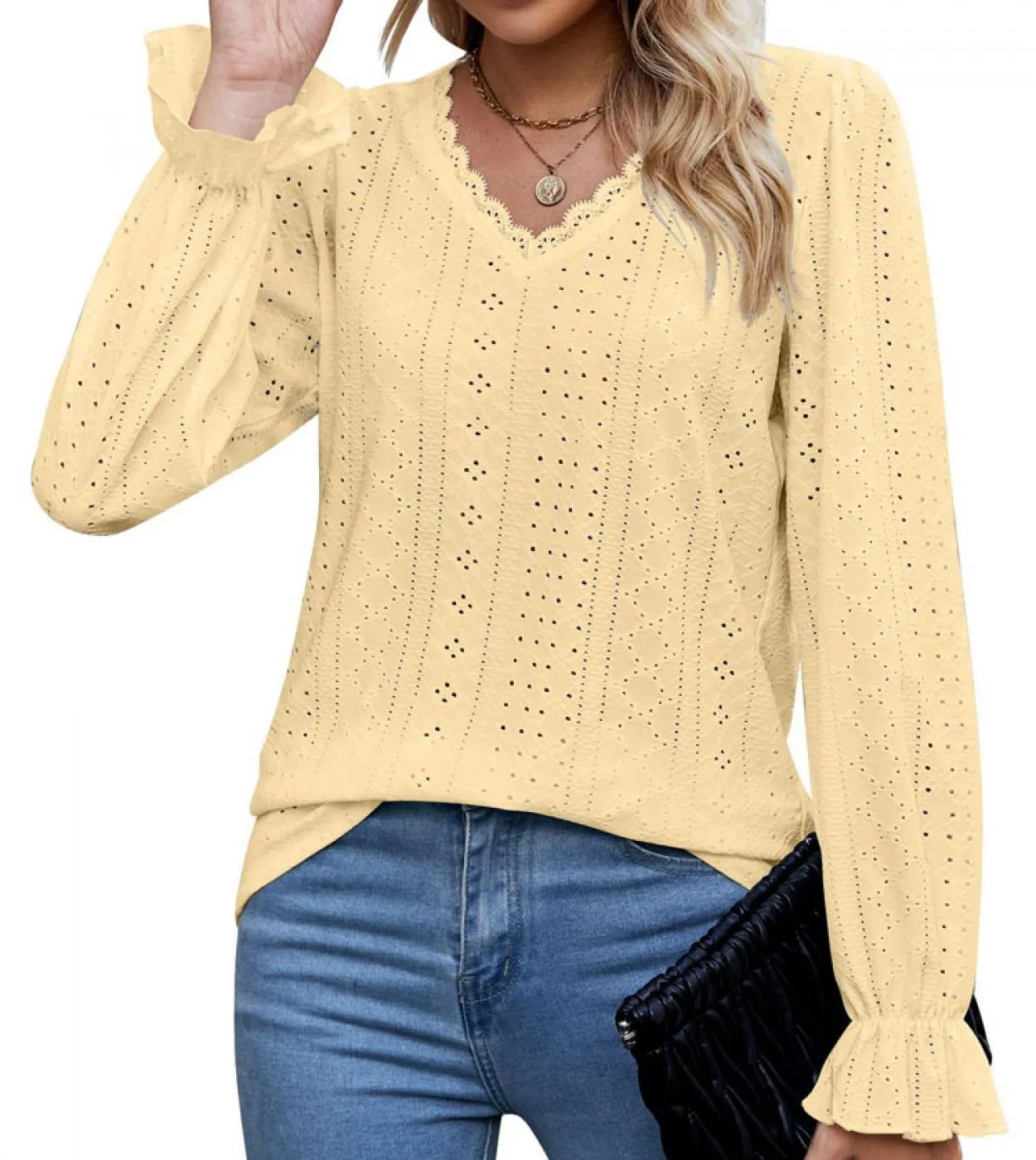 Moda elegante autunno manica lunga camicette donna casual scollo a V scava fuori pizzo maglietta Top donna 2022 Blusas vestiti d