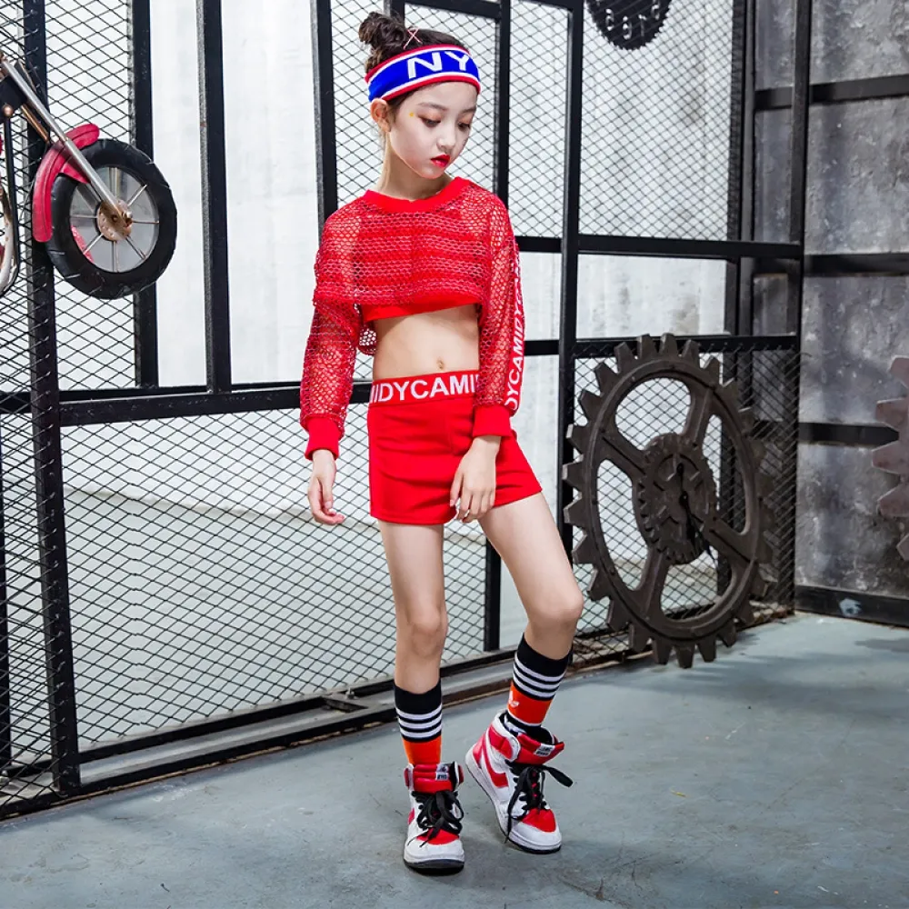 Nuovi bambini Jazz Dance Girls Jazz Performance Abbigliamento Abito ombelico scoperto Hip-hop Hip-hop Abbigliamento da danza mod