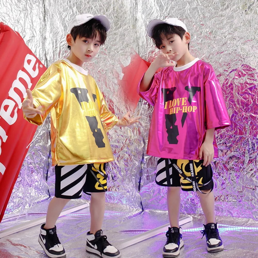 Nuovi vestiti per spettacoli di danza jazz per uomo e donna per bambini Hiphop estivo Abito hip-hop in pelle brillante Hip-hop a