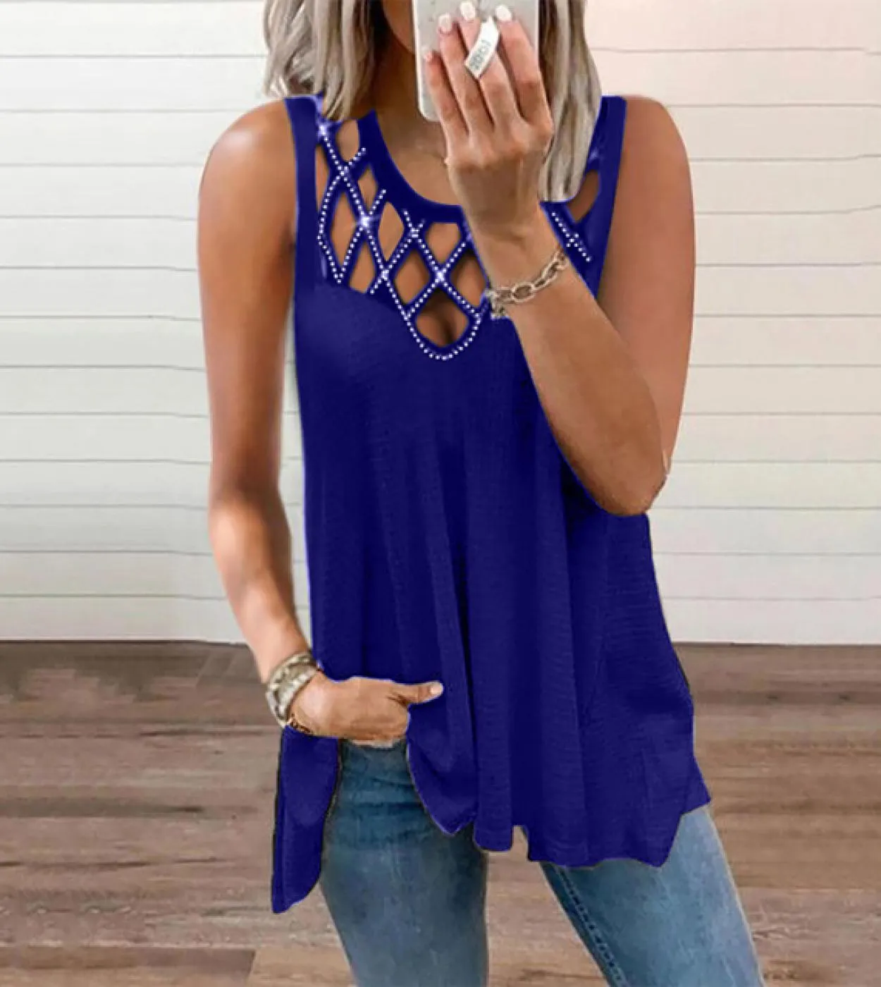 Senza maniche Scava Fuori Canotta Donna Estate Lungo Top Gilet Moda Diamante Maglia Tinta unita 2023 Vestiti Blusas Nuovo 25