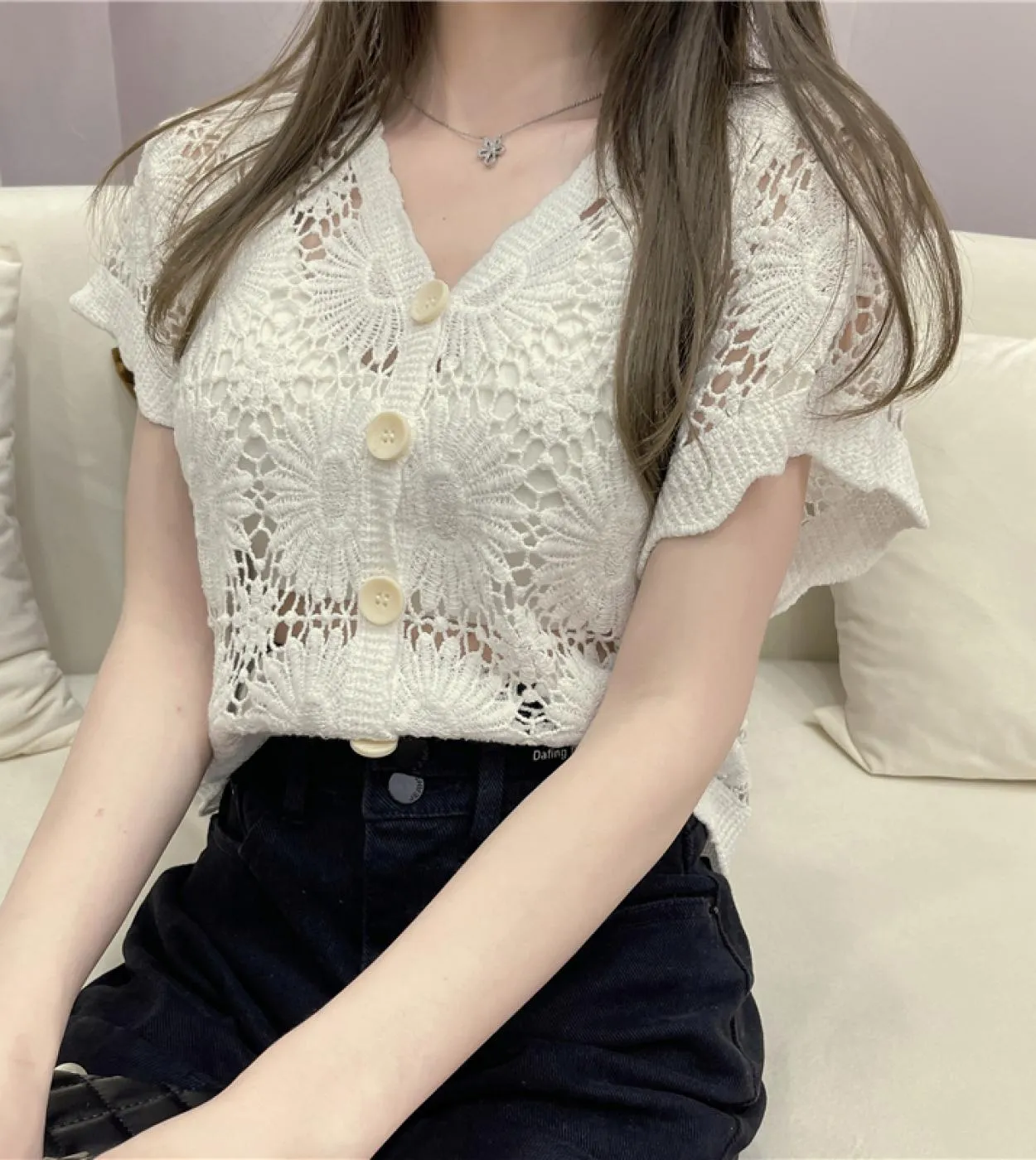 Vneck Lace Hollow Women Top Camicetta da donna di nuovo stile Vestiti Cardigan Maniche corte Manica a pipistrello Donna 14459 Do